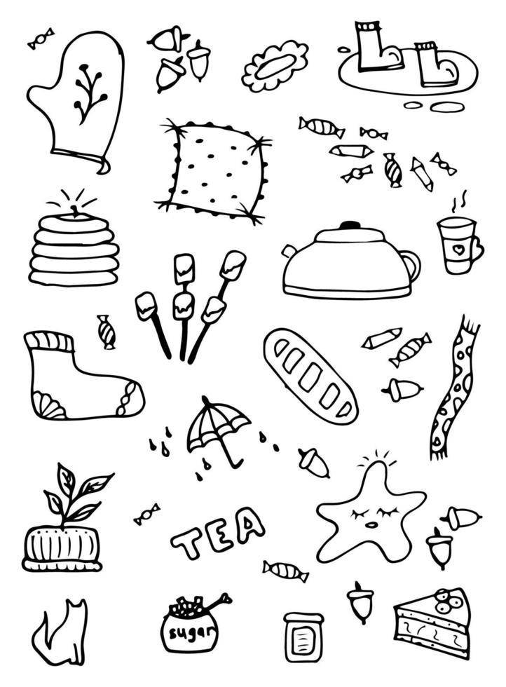 Cozy, warmth, comfy, tranquility, contentment doodle set. Hand drawn sketch style. Pillow, tea, cake, socks, marshmellow, candle element. vector