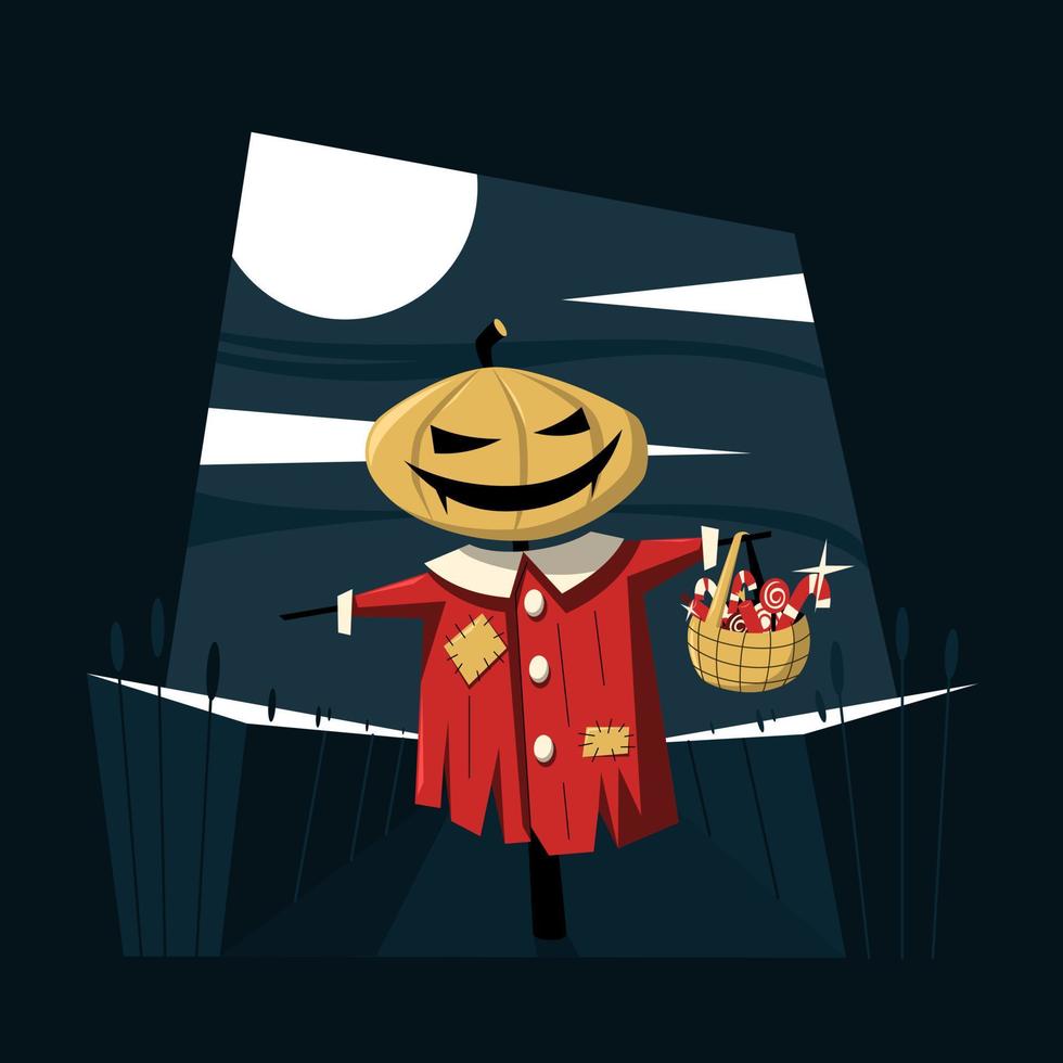 A creepy scarecrow in the field. A basket of sweets. Halloween.A creepy scarecrow in the field. A basket of sweets. Halloween. vector