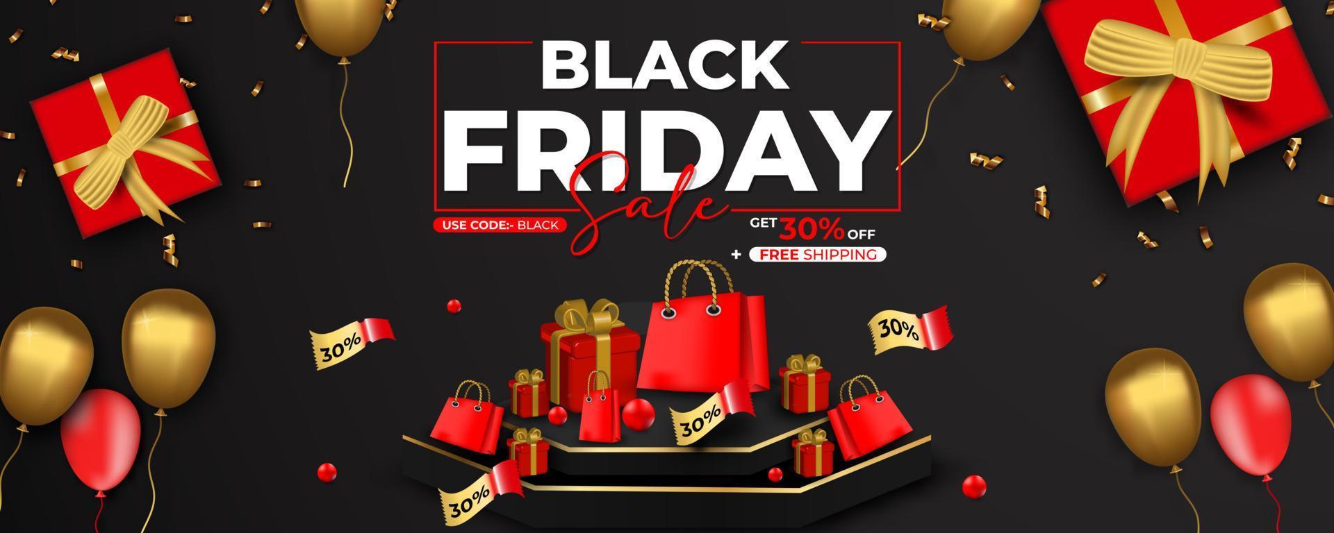 Black Friday Super Sale. Realistic golden gifts boxes. white and red text lettering. banner, poster, header website posters or flyers design with balloons and confetti. vector illustration.