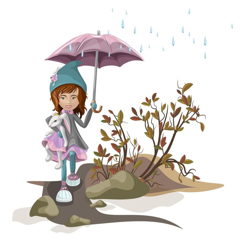 imagen vectorial de una chica caminando con un conejito bajo un paraguas. estilo de dibujos animados aislado sobre fondo blanco. eps 10 vector