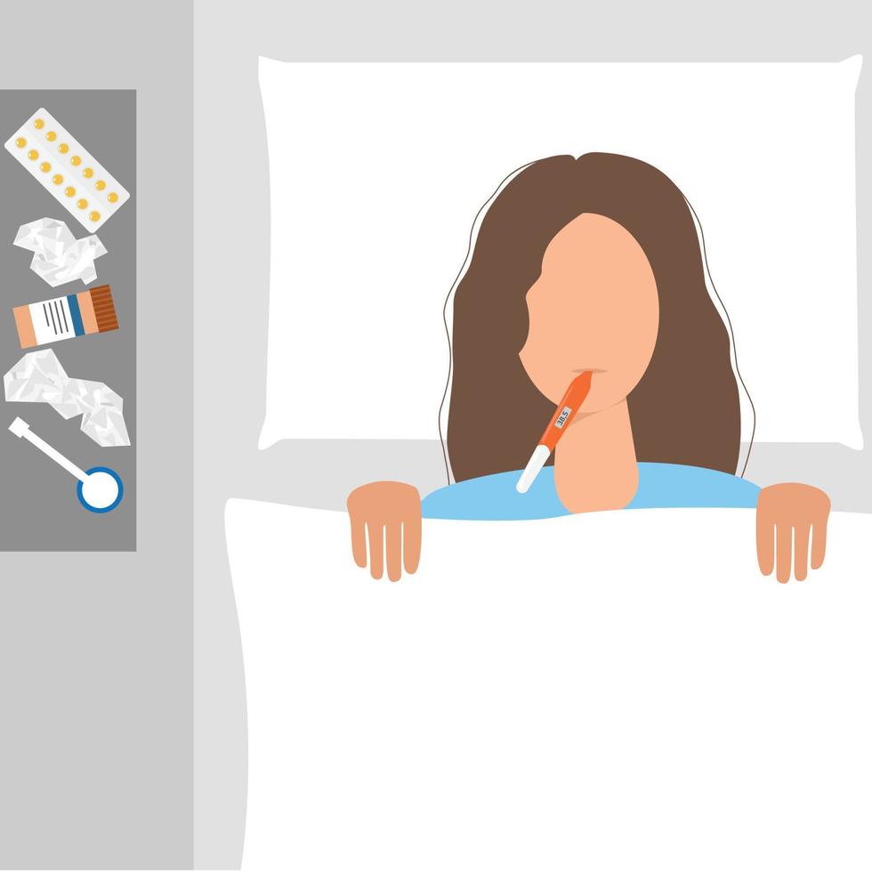 Flu or cold girl in bed with temperature. Seasonal cold woman with medicament. Vector illustration