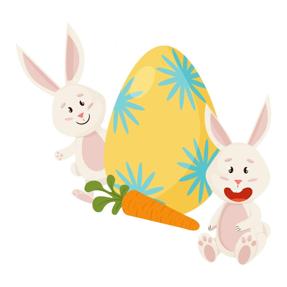 Bunnies Character. Peeks out from Eggs, Carrot. Funny, Happy Easter Rabbits. vector