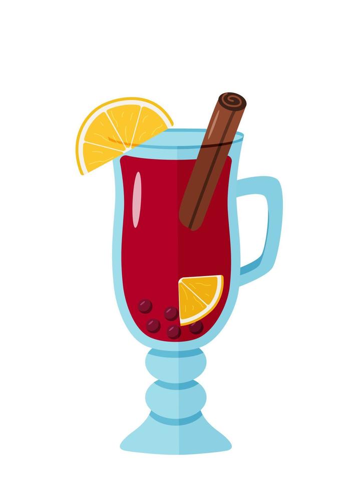 vino caliente en un vaso con rodajas de naranja, canela y anís. bebida caliente navideña. estilo de dibujos animados de ilustración vectorial. vector