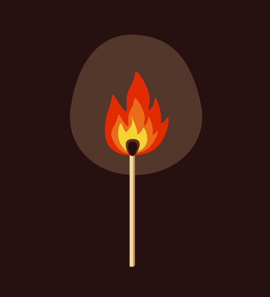 Flame from a match on a dark background. The fire of a burning match, vector illustration.