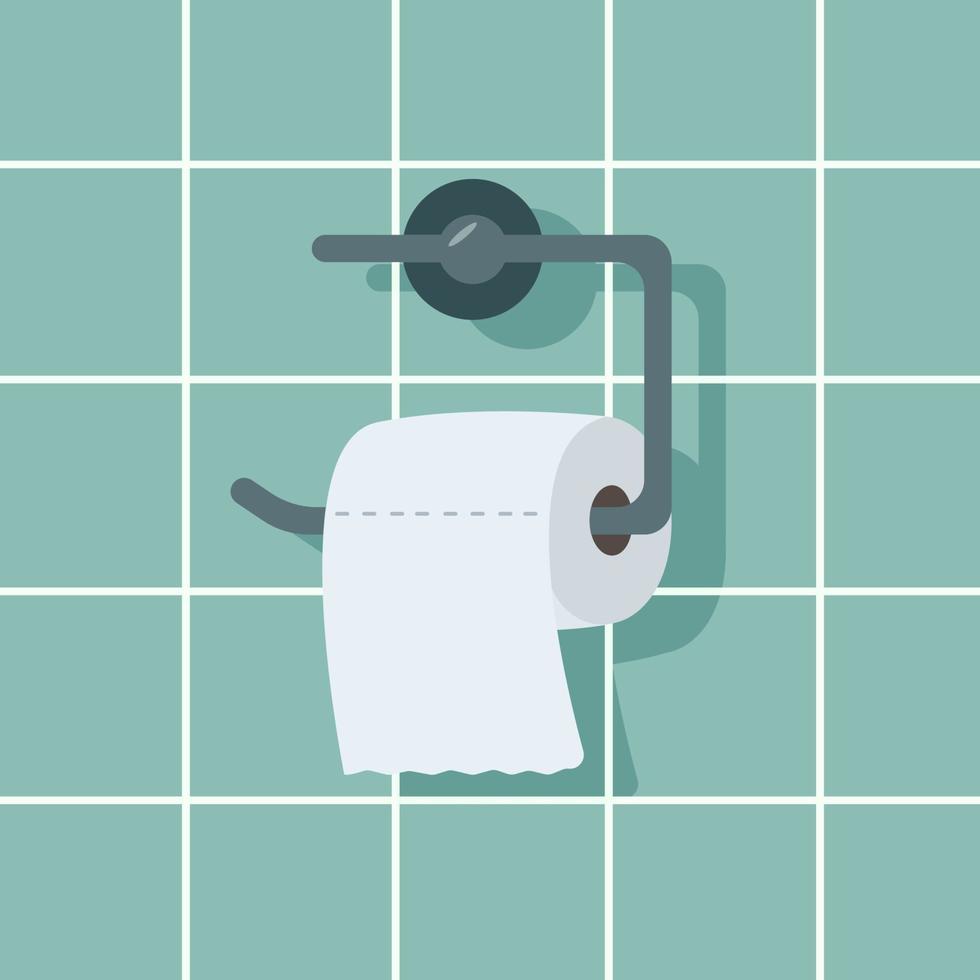 Toilet paper roll hanging on a holder on a ceramic tile wall. Vector illustration of the bathroom element.