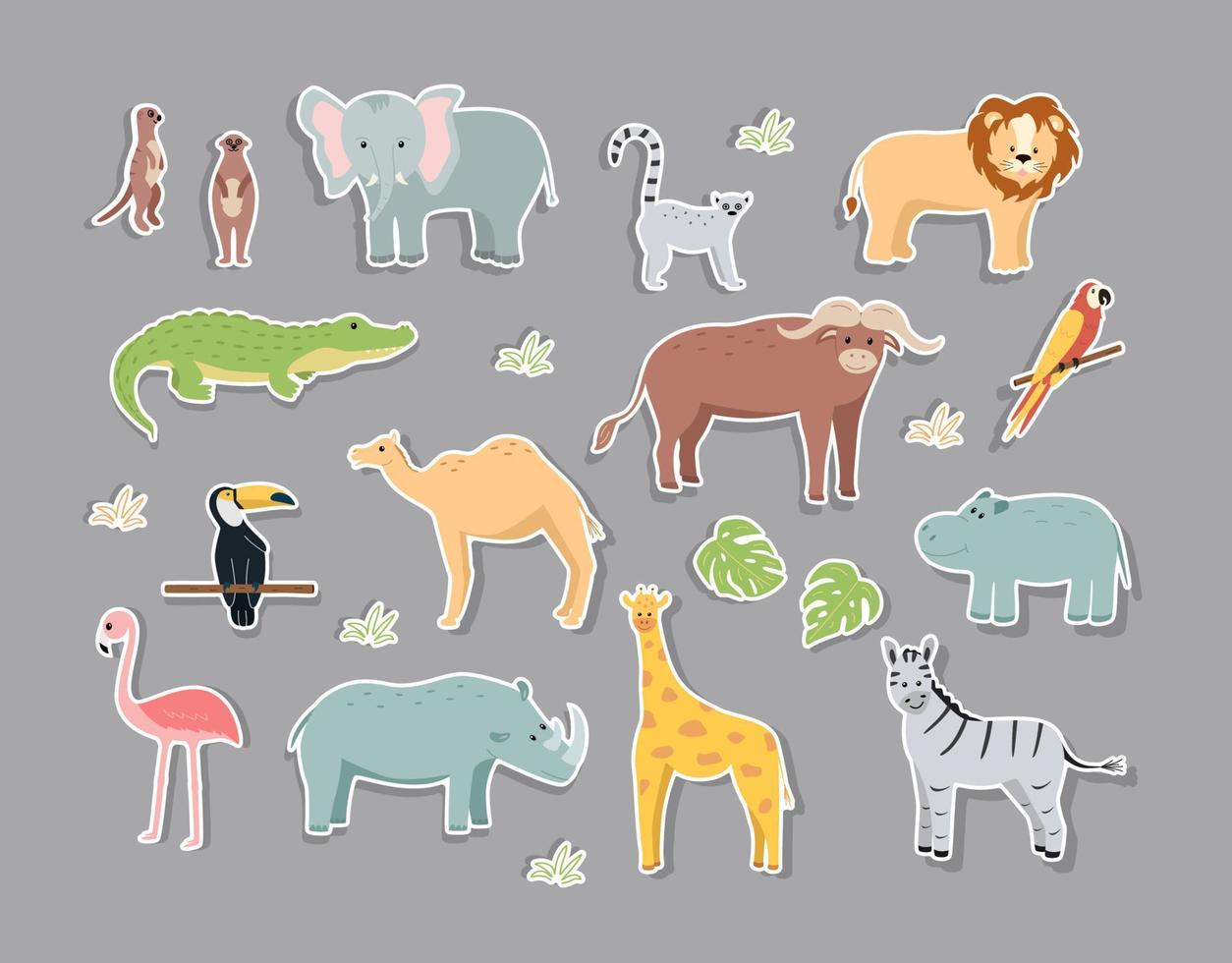 Stickers of cartoon animals of Africa, vector illustration of cute funny animals