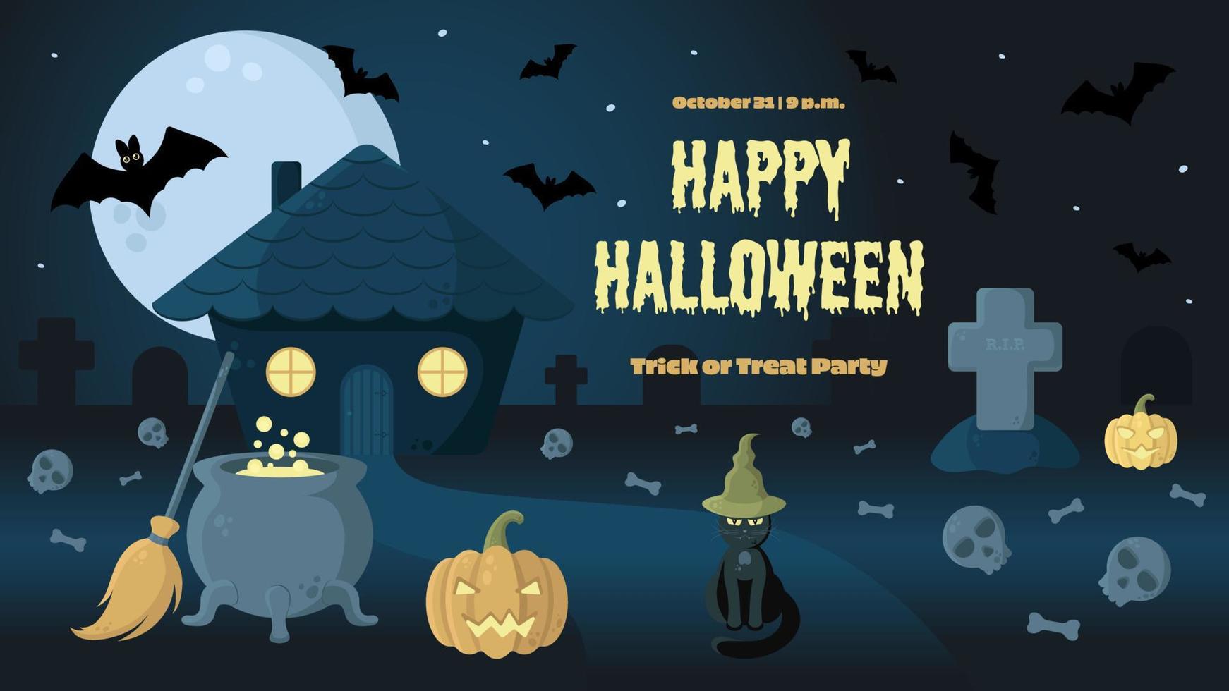 Halloween Night Vector Banner With Witch Hut, Cemetery, Jack Lantern, Cauldron, Broom, Black Cat and Bats. Perfect for Web Sites, Social Media, Printed Materials, etc.