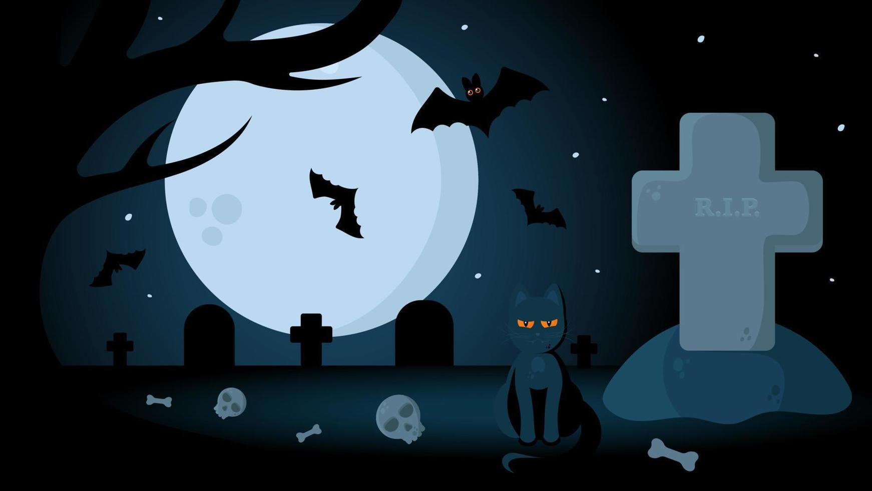 Halloween Vector Background With Night Cemetery Landscape. Full Moon, Graves, Skulls and Bones, Black Cat, Bats. Perfect for Web Sites, Printed Materials, Social Media, etc.
