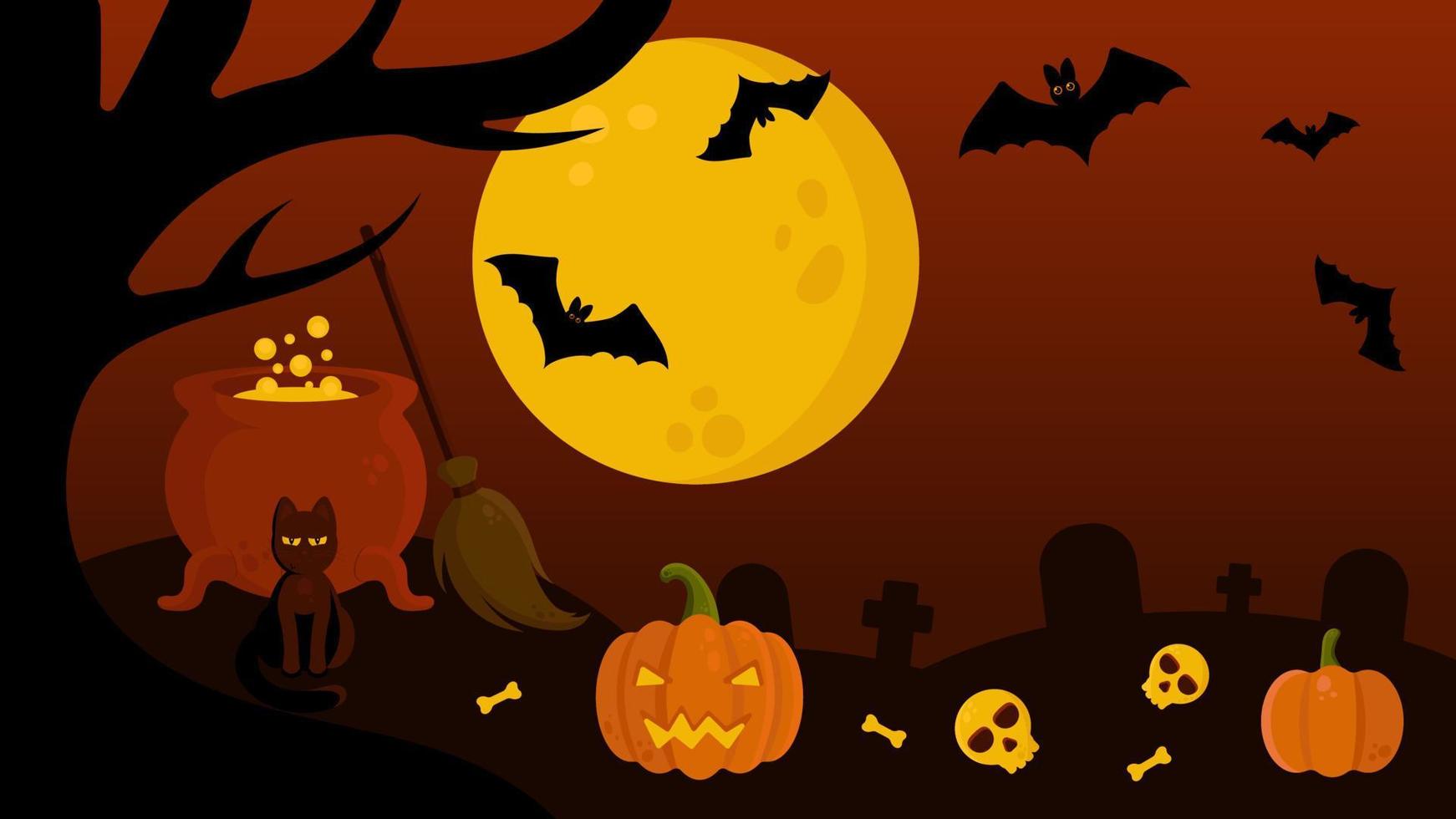 fondo de vector de halloween con paisaje de cementerio nocturno. tumbas, calaveras, huesos, caldero de brujas, escoba, gato negro, jack o'lantern, murciélagos. perfecto para sitios web, materiales impresos, redes sociales, etc.