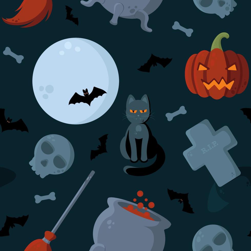 patrón transparente de vector de halloween con jack o'lantern, luna y murciélagos, tumba, cráneos y huesos, caldero de bruja y escoba, gato negro. impresión perfecta para envolver papel, embalaje, textil, etc.