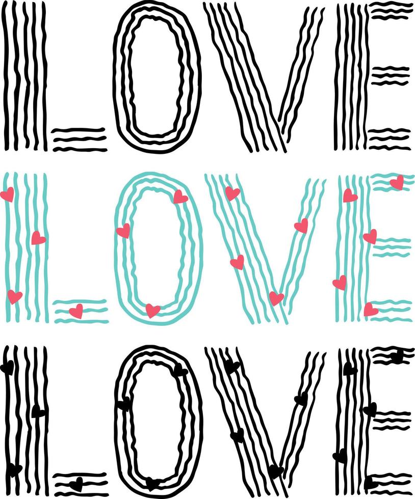 Love lettering. Hand drawing, black, outline. For valentine day, for cards, background. Vector illustration.