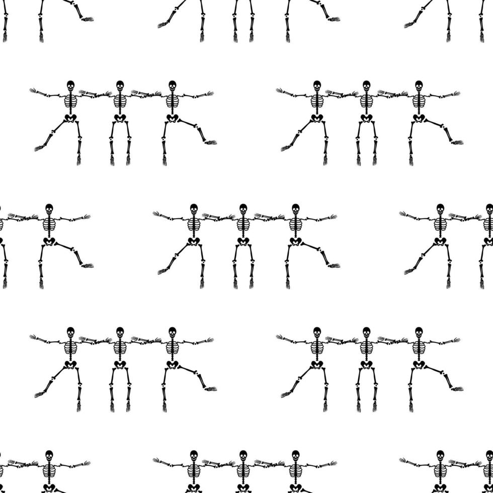 Black skeletons in various poses pattern. Halloween design. Perfect for fall, holidays, fabric, textile. Seamless repeat swatch. vector