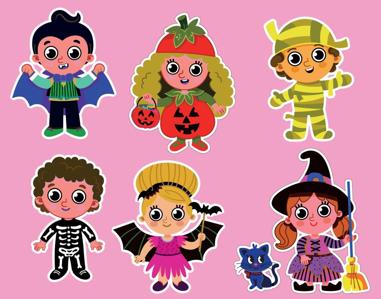 conjunto de niños y niñas vestidos con disfraces de halloween vector