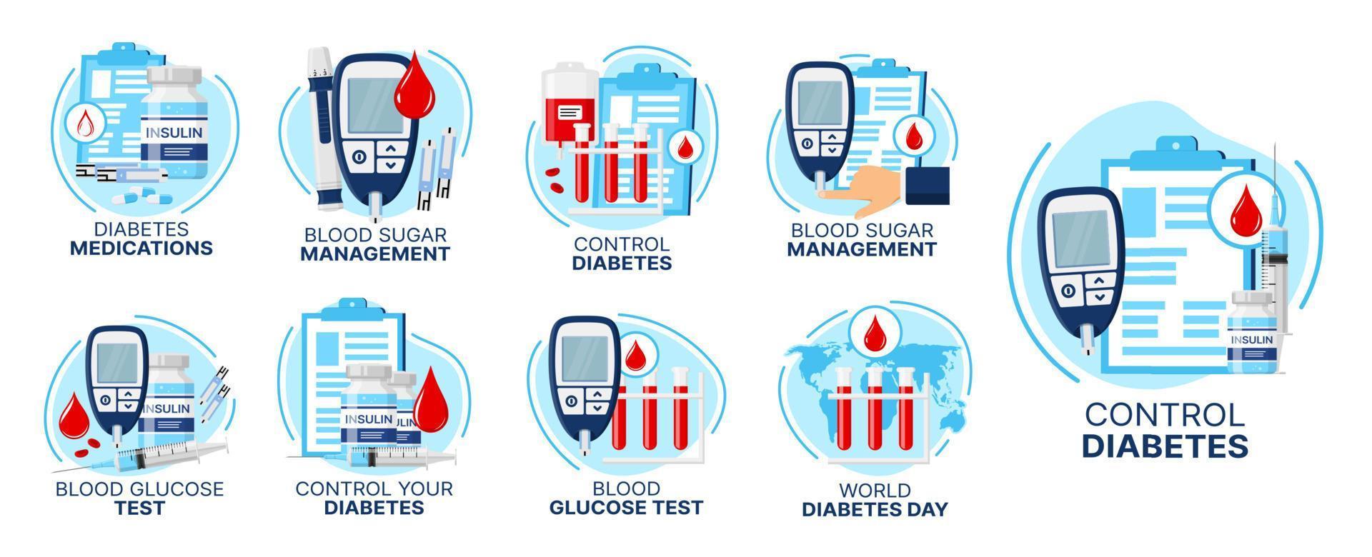 Diabetes care icons, blood sugar test and insulin vector