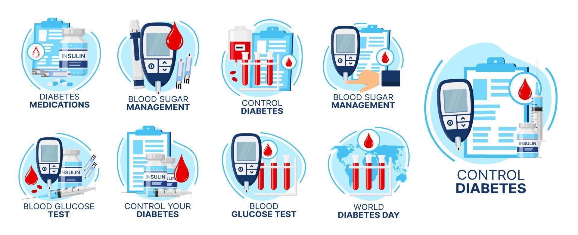 íconos para el cuidado de la diabetes, prueba de azúcar en la sangre e insulina vector