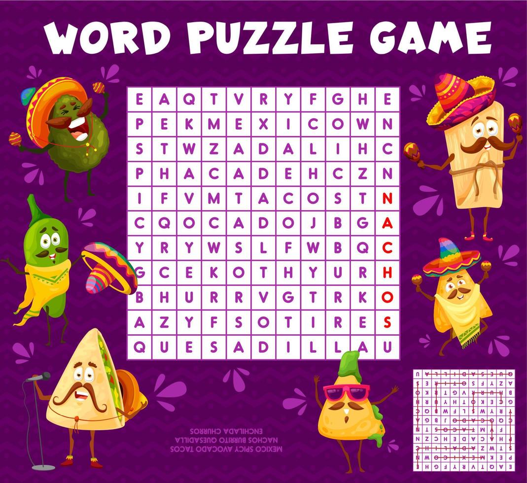 Cartoon Mexican food characters word search puzzle vector