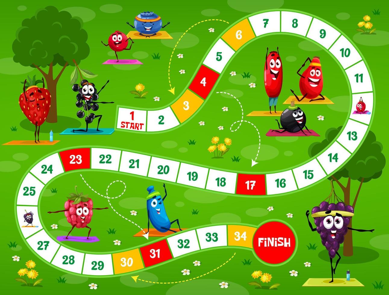 Kids board game with berry characters on yoga vector