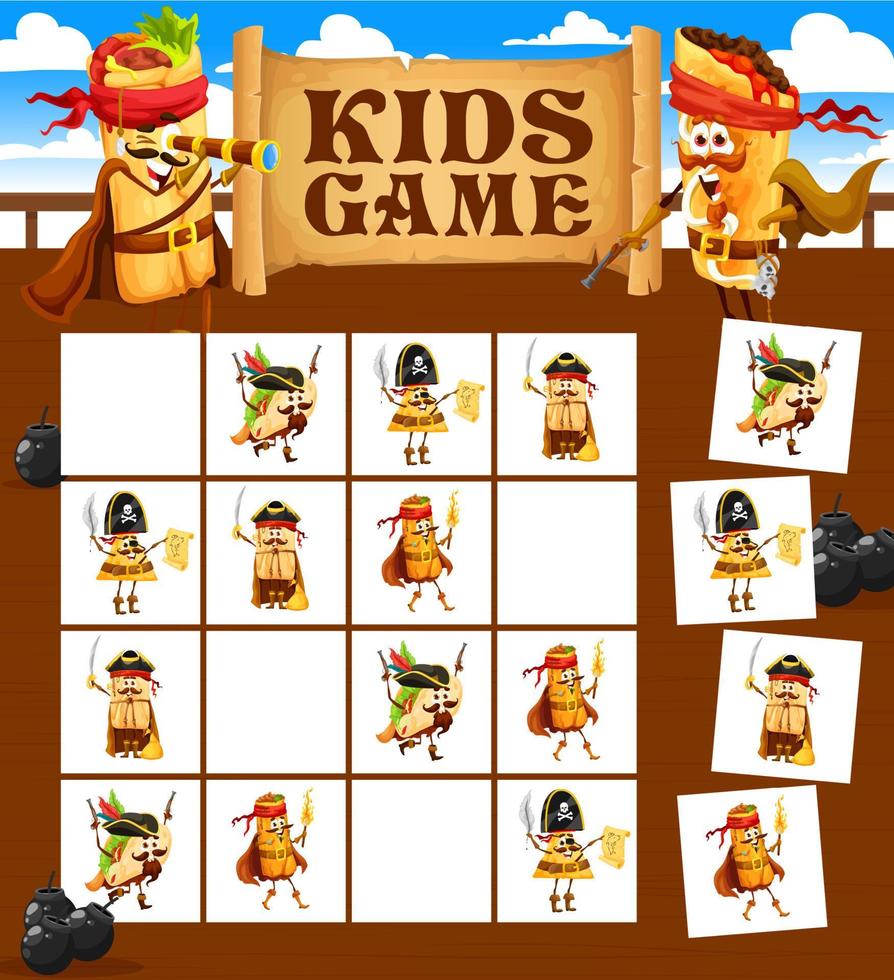 Sudoku game worksheet with mexican food pirates vector