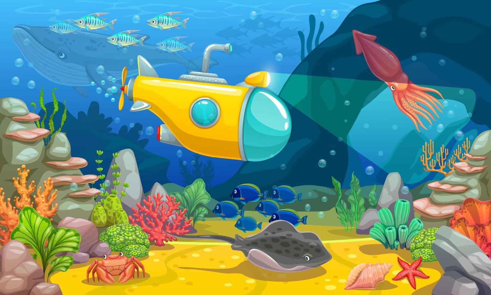 Underwater game landscape with submarine, ocean vector