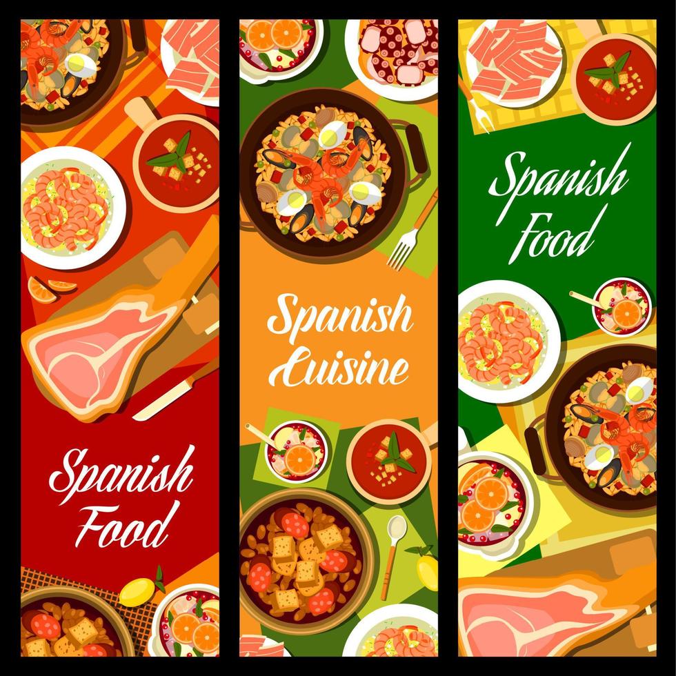 pancartas de comida de marisco y carne de cocina española vector