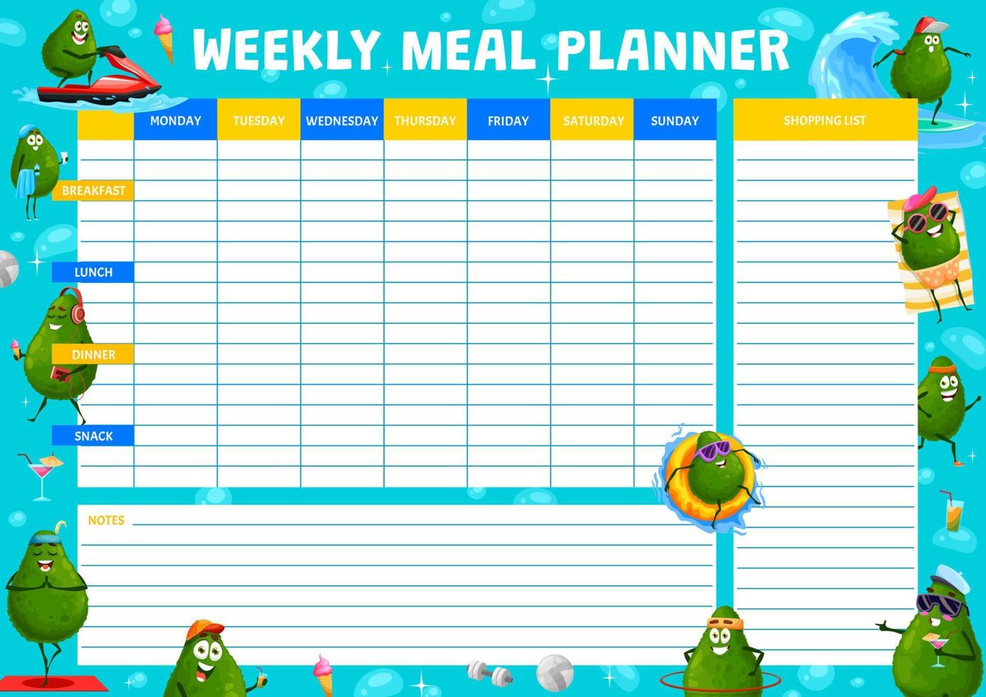 Weekly meal planner with cartoon avocado character vector