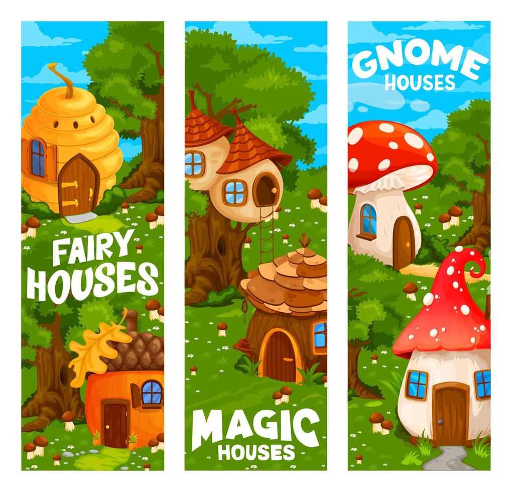 Magic fairy and gnome houses and dwellings banners vector