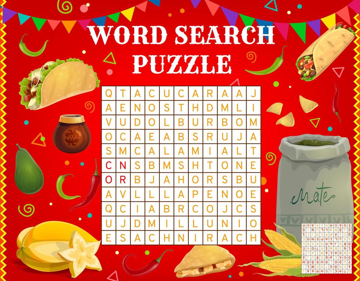 Mexican fast food meals word search puzzle game vector