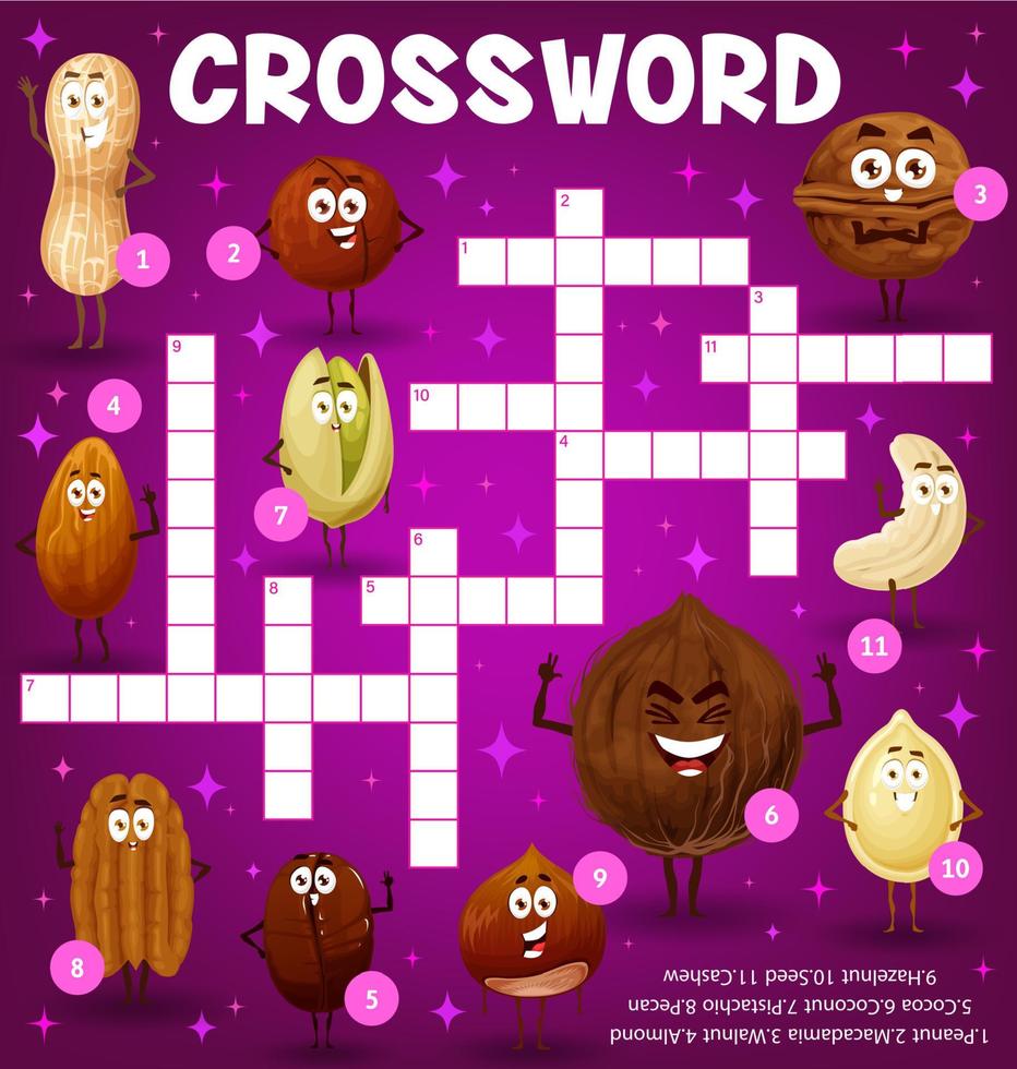 Cartoon nut characters, crossword puzzle game grid vector