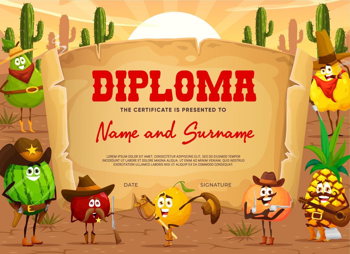 Kids diploma of Wild West cartoon fruit cowboys vector