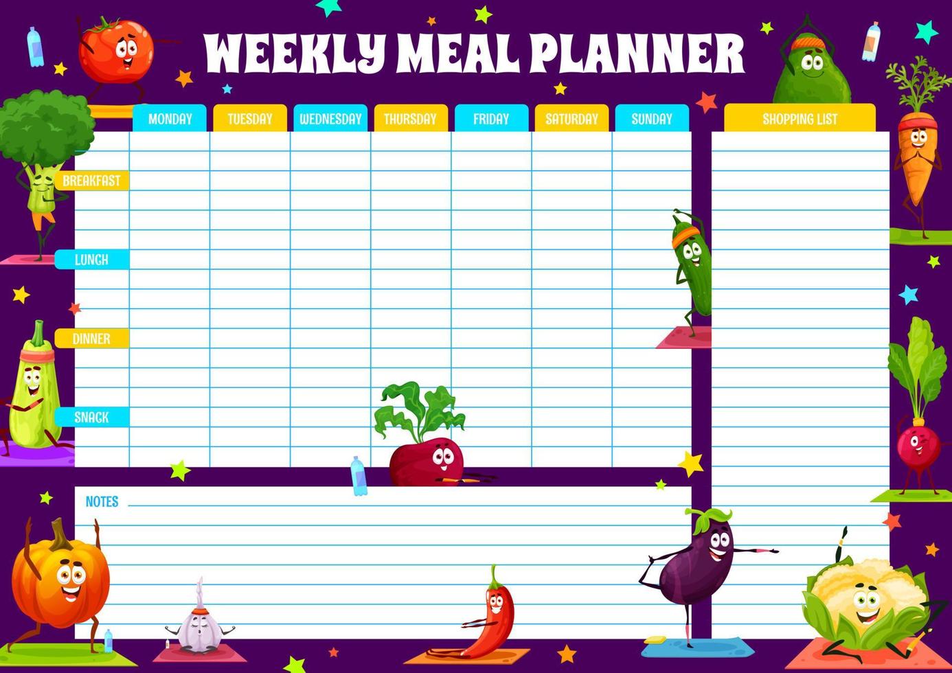 planificador semanal de comidas con lindas verduras en yoga vector