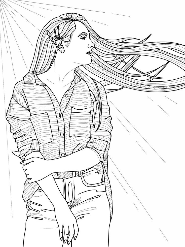 chica con ropa de moda en estilo garabato, ilustración de libro de color de princesa moderna vector
