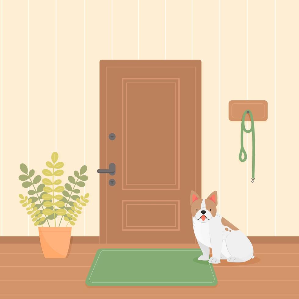 un perro bulldog francés está esperando un paseo. el perro está sentado en el pasillo junto a la puerta. ilustración vectorial de mascotas. vector