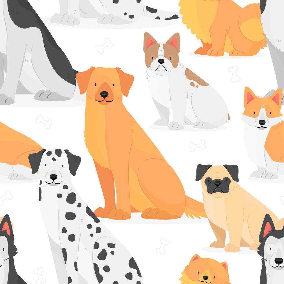 Seamless pattern with dogs of different breeds on a white background. Sitting dogs in cartoon flat style. Vector illustration background.