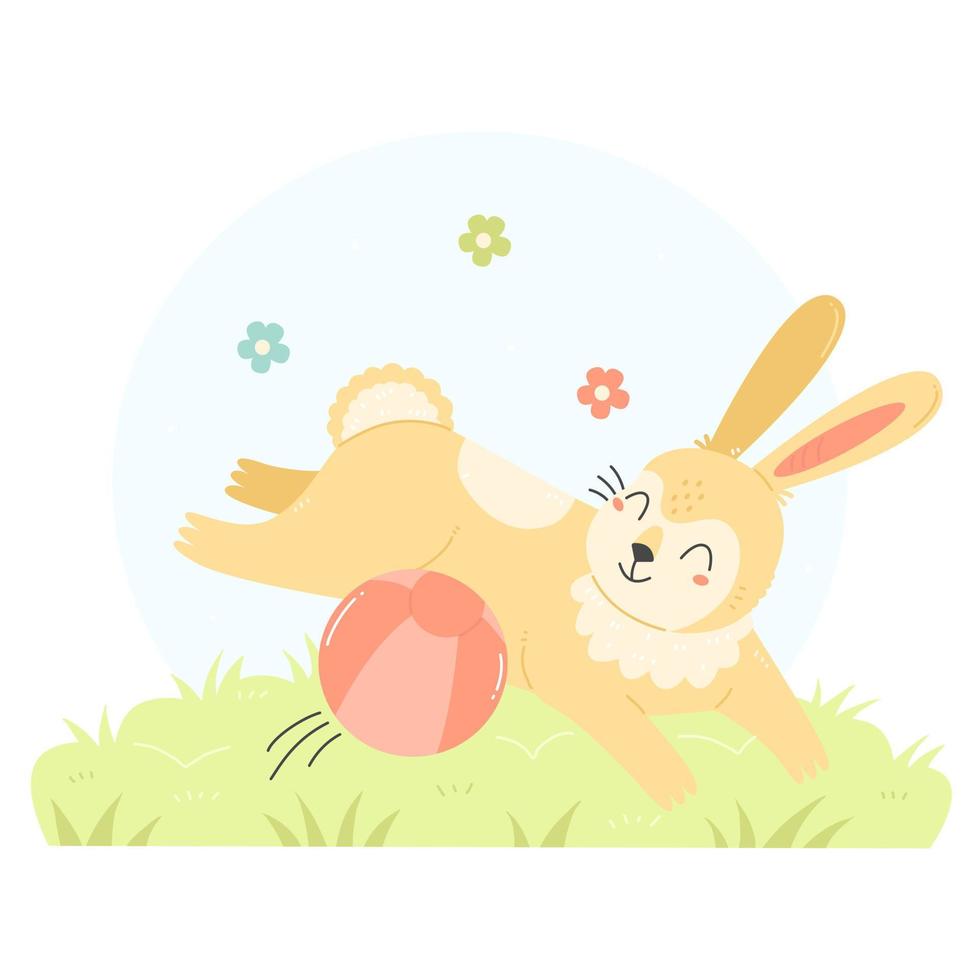 Cute rabbit is playing with a ball. A running bunny character in a cartoon flat style. Vector summer children's illustration.