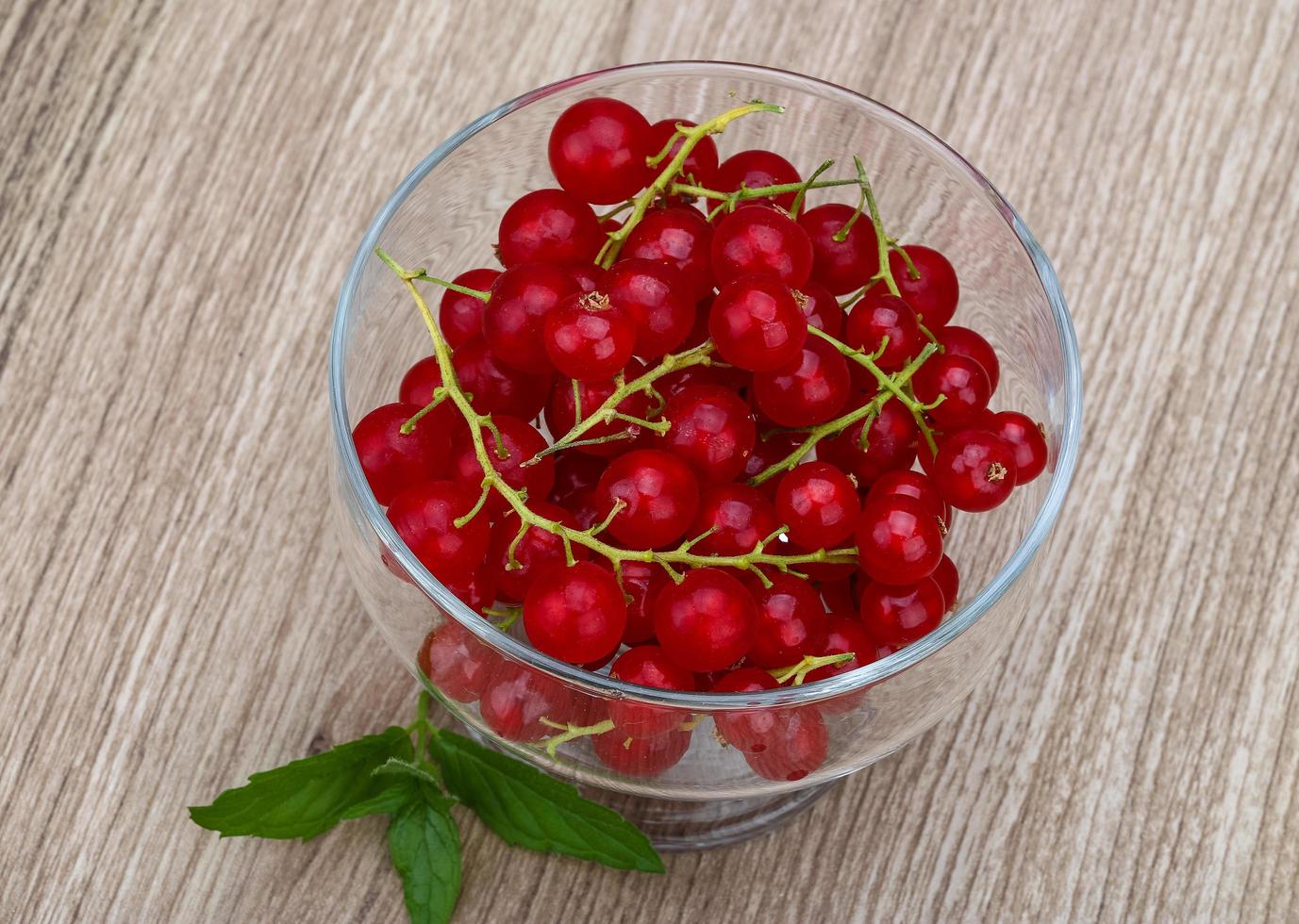 Red currants in a bowl on wooden background photo