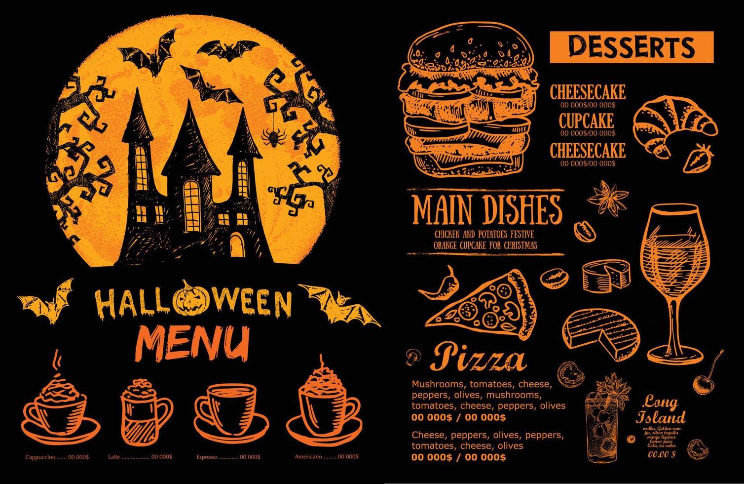 menú de cafetería restaurante, diseño de plantilla, menú de halloween, volante de comida. vector