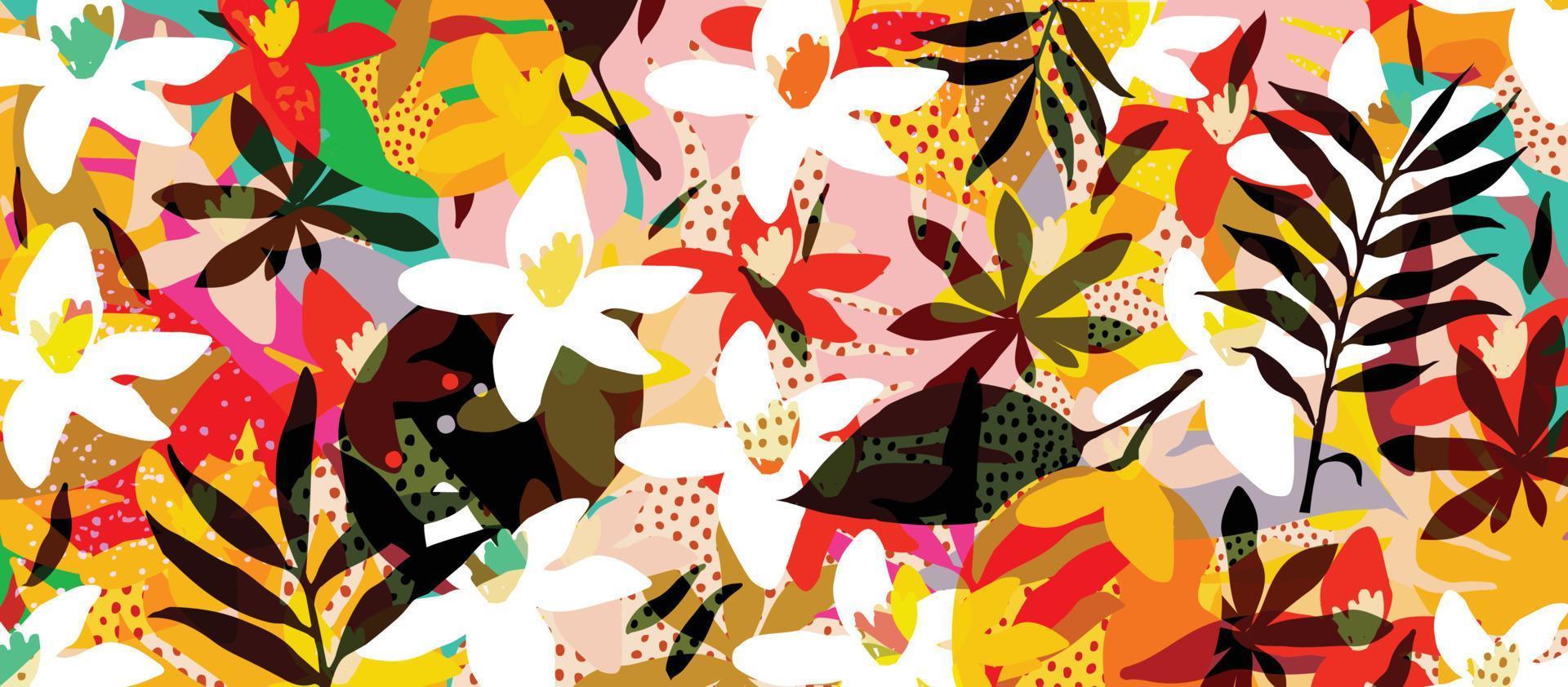 lindo jardín flores y hojas patrón de colores. Ilustración de vector de fondo de naturaleza de arte abstracto. diseño botánico para pancartas, arte mural, tarjetas, estampados y telas