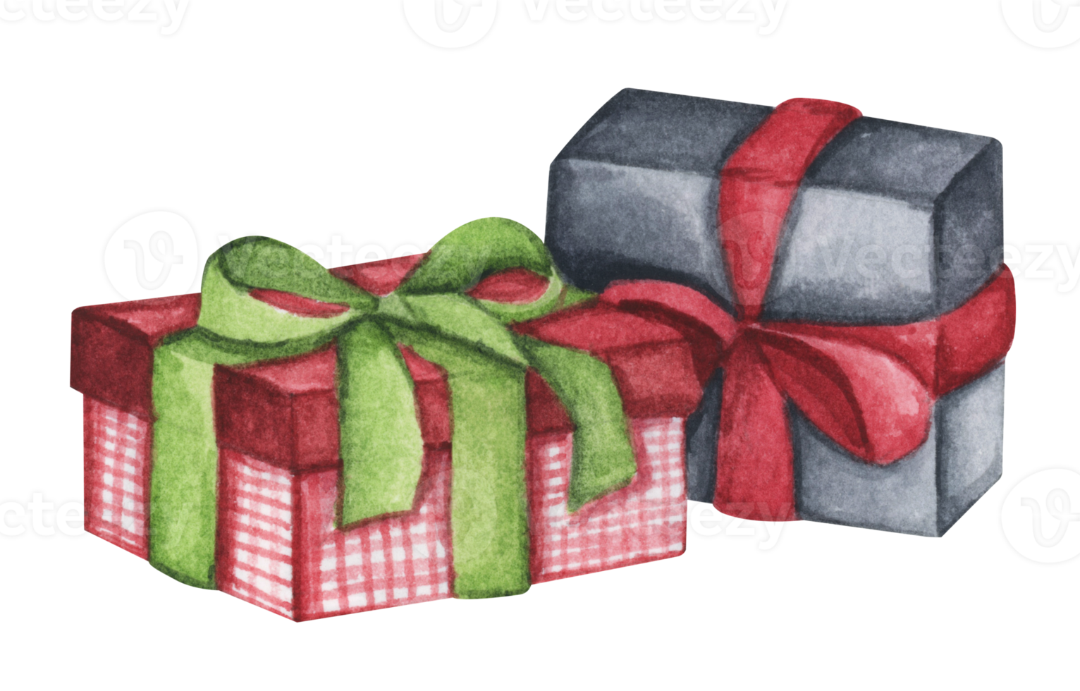 Watercolor drawing Christmas gift boxes with bows, Present box