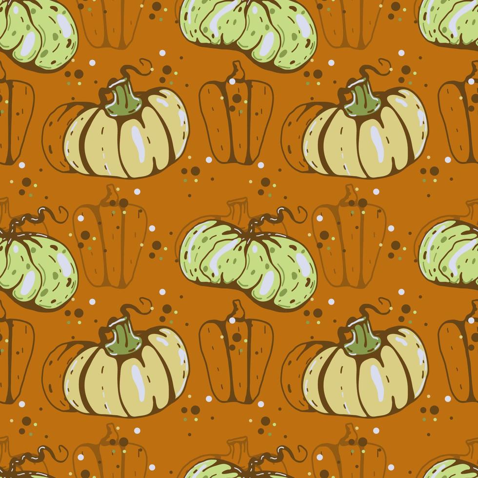 Autumn seamless vector pattern with pumpkins and fall leaves. Hand drawn illustration.