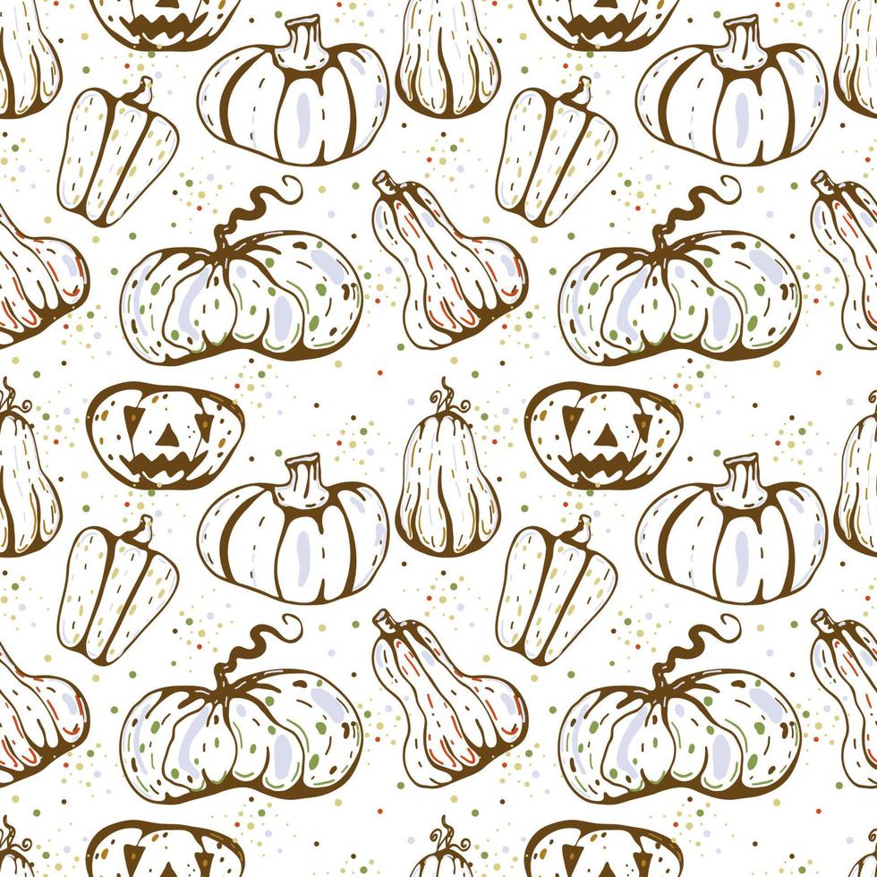 Autumn seamless vector pattern with pumpkins and fall leaves. Hand drawn illustration.