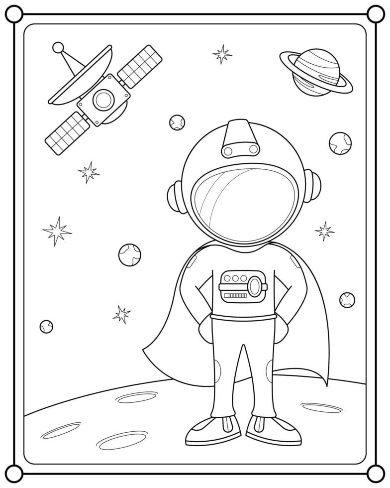 superhéroe astronauta en el espacio adecuado para la ilustración vectorial de la página de coloreado de los niños vector