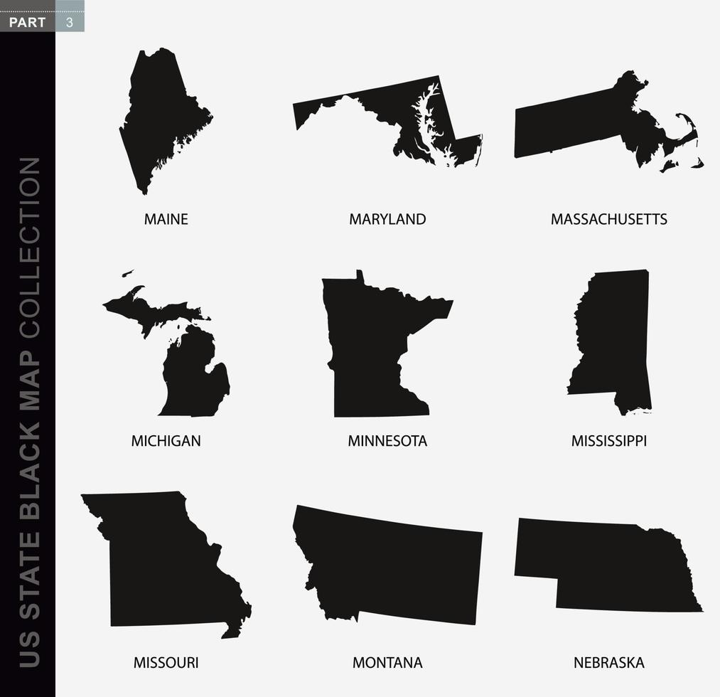 Black map collection of USA states, black contour maps. vector