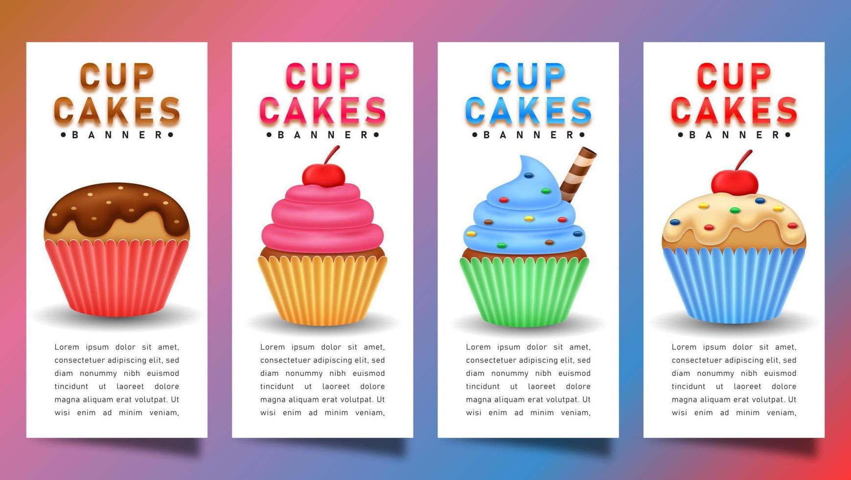 Cupcakes banner set with colorful background vector