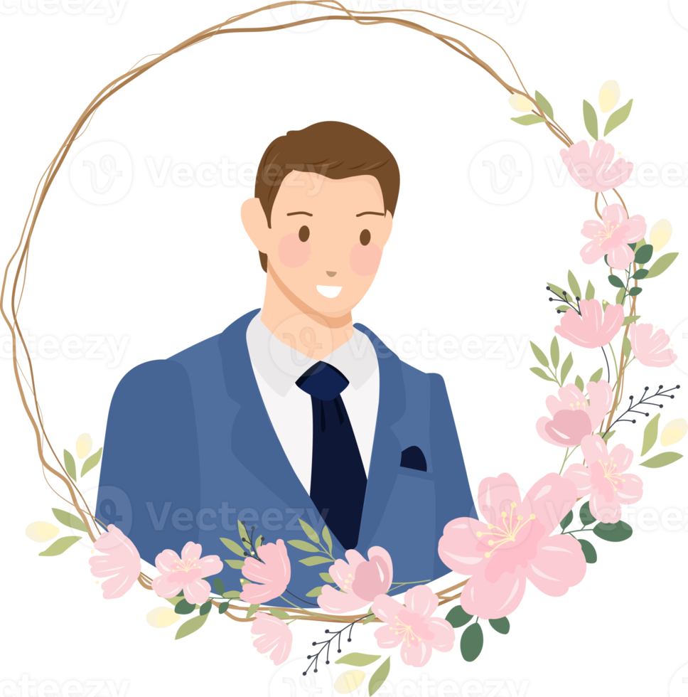 cute cartoon young wedding couple wreath logo in cherry blossom wreath png