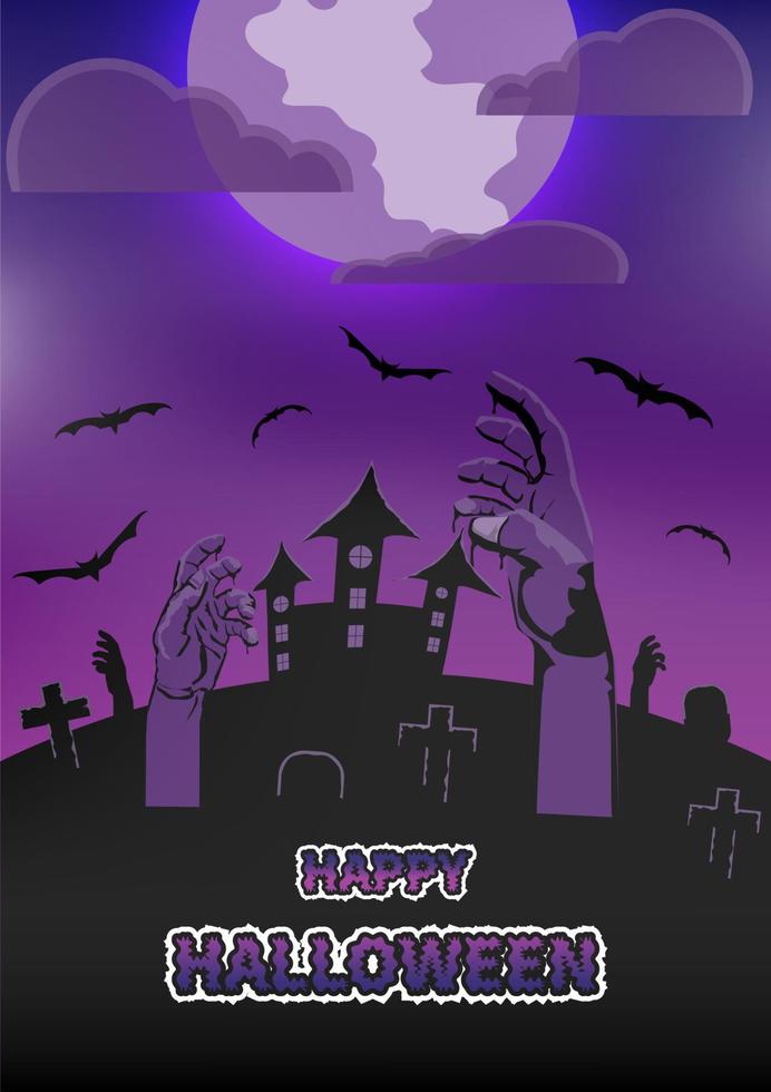 ilustración vectorial silueta de halloween con elementos mano zombie, lunas llenas, castillos, nubes, niebla, funerales, murciélagos. vector