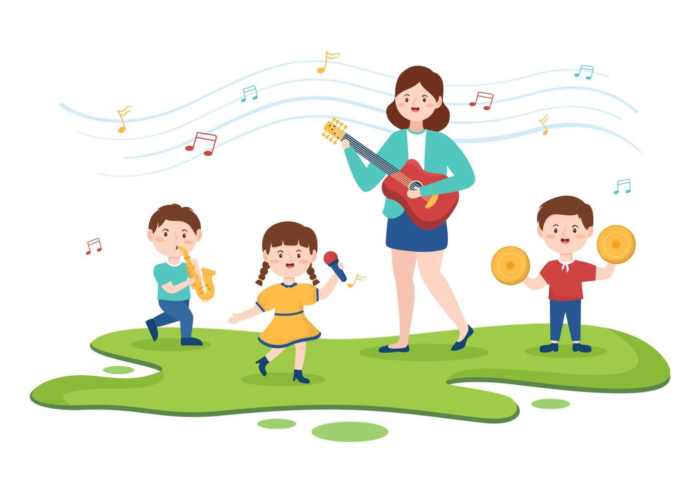 plantilla de escuela de música en ilustración plana de dibujos animados dibujados a mano tocando varios instrumentos musicales, aprendiendo músicos y cantantes de educación vector