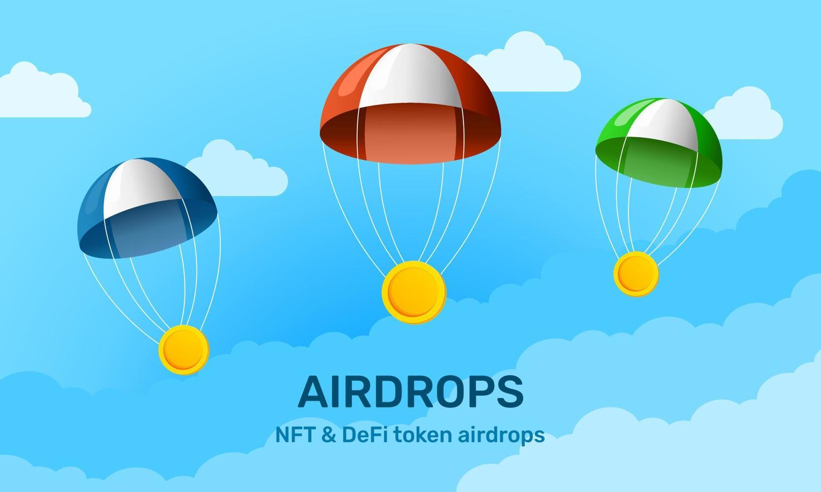 Airdrops nft banners y tokens defi para marketing. nuevo token en el cielo azul y el fondo de la nube. vector