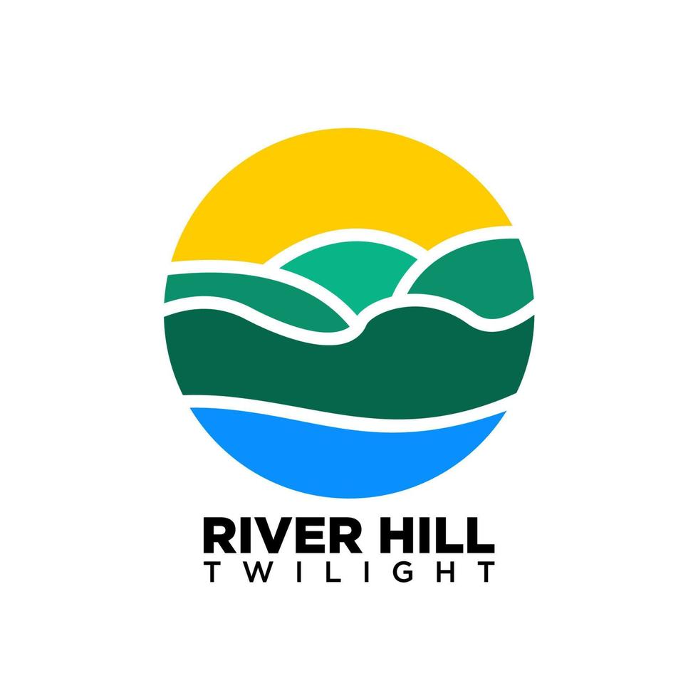 River and hill logo. the river flows under the hill at sunset. vector illustration of river, hills and sunset