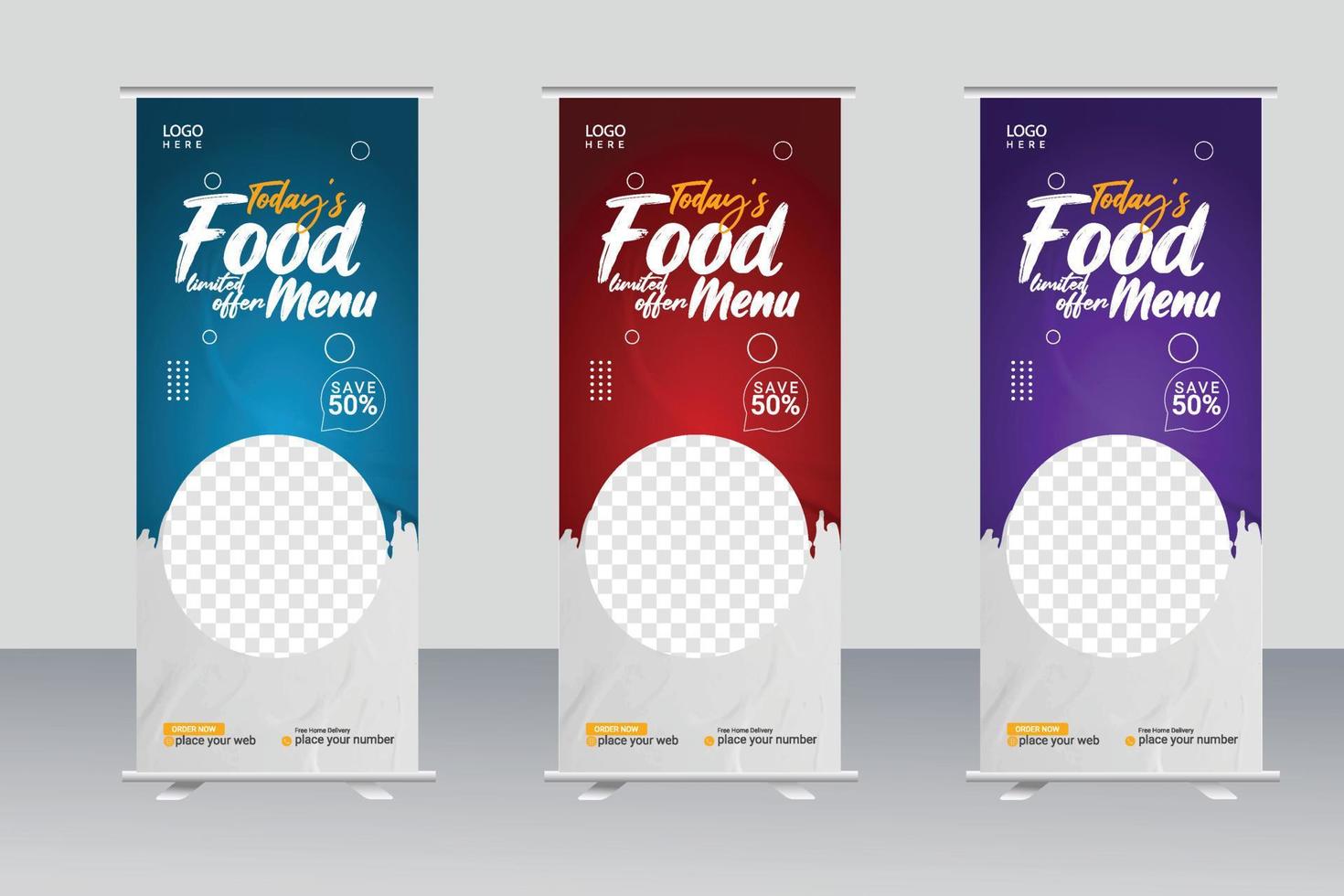 diseño de pancartas acumuladas de alimentos para restaurante. plantilla de banner enrollable de comida creativa, banner enrollable de comida moderna vector