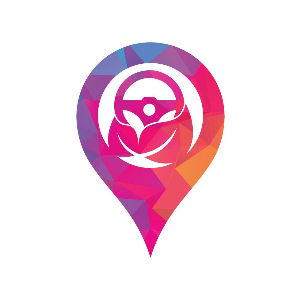 Eco steering wheel vector logo design. Steering wheel and map pin shape symbol or icon.